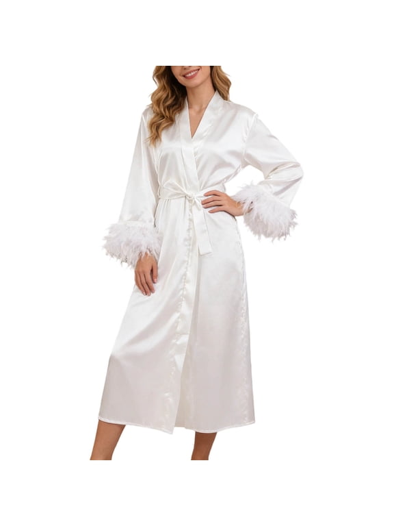 Women's Nightgown Feather Satin Kimono Robe Long Loungewear for Bridal & Sleep White S