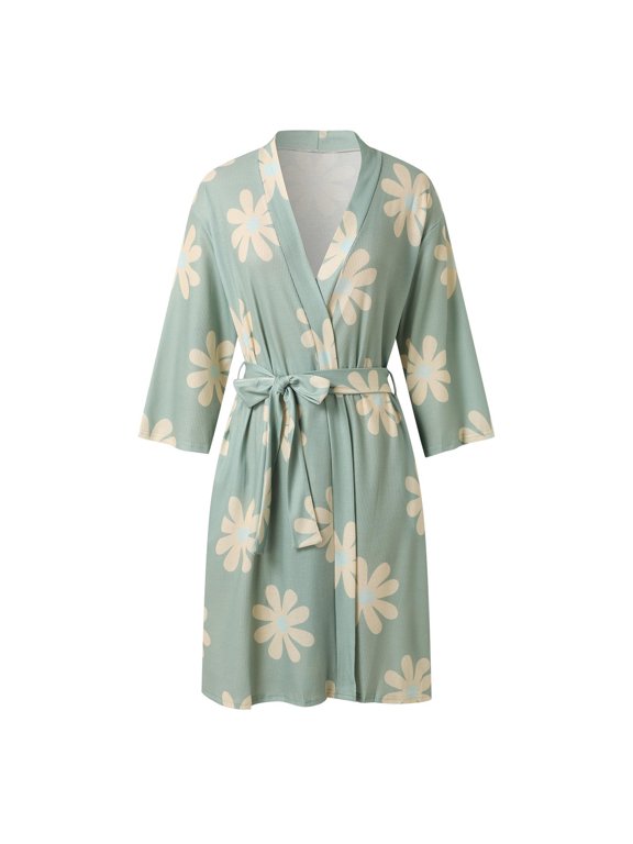 Women's Nightgown Soft Knit Knee Length Robe Lightweight Kimono Loungewear Green S