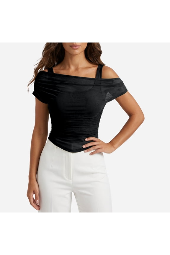 Women's Off-Shoulder Mesh Ruched Top, Short Sleeve Slim Fit Camisole, Layered Spaghetti Strap Casual Summer Blouse Black L