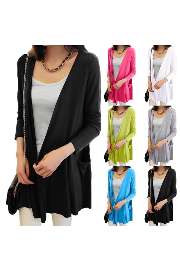 Women’s Open Front Long Sleeve Cardigan, Lightweight Polyester Drapey Knit Cardigan with Pockets for Spring Summer Autumn Black One Size