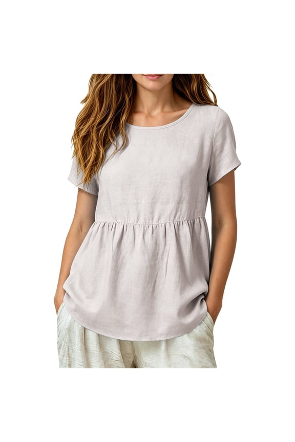 Women’s Peplum Pleated Short Sleeve Top, Casual Crew Neck Loose Fit Breathable Solid Color T-Shirt for Summer White M