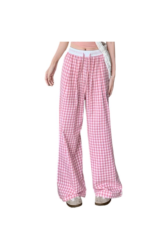 Women’s Plaid Wide Leg Pants, High Waist Loose Fit Trousers, Soft Breathable Summer Casual Work Pants Pink L