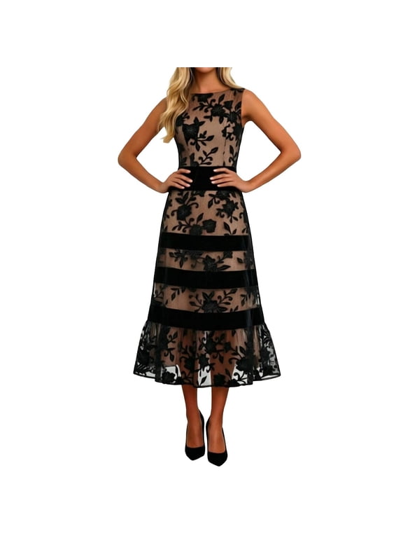 Women’s Plus Size Floral Applique Mesh Midi Dress, Sleeveless Boat Neck Satin Band Tiered Skirt Formal Party Dress, Elegant Wedding Guest Evening Gown for Formal Occasions Black XL