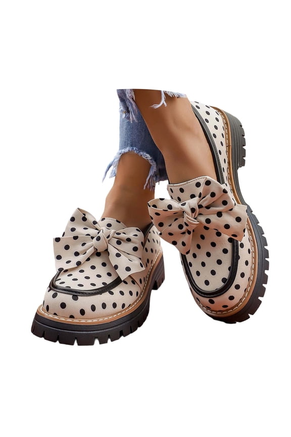 Women's Polka Dot Bow Platform Loafers, Slip On Chunky Heel Comfort Casual Shoes for Daily Wear White 38