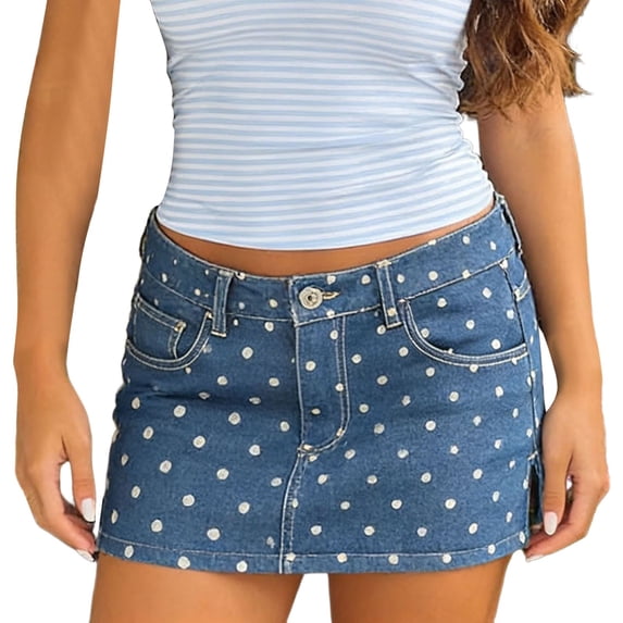 Rove Studio Women’s Polka Dot Denim Mini Skirt, High Waist Stretch Bodycon Casual Summer Skirt with Pockets Blue XL