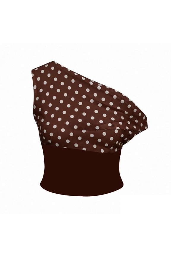 Women’s Polka Dot One-Shoulder Crop Top, Asymmetrical Off-Shoulder Slim Fit Summer Blouse For Casual & Night Out Brown M