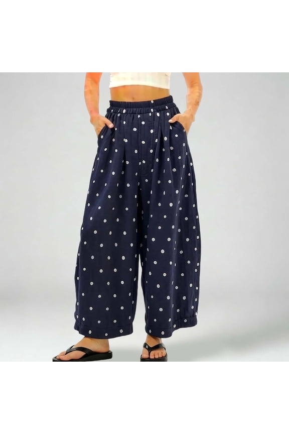 Women's Polka Dot Wide Leg Pants, Elastic Waist Flowy Casual Trousers, Bohemian Linen Pants Women Navy S