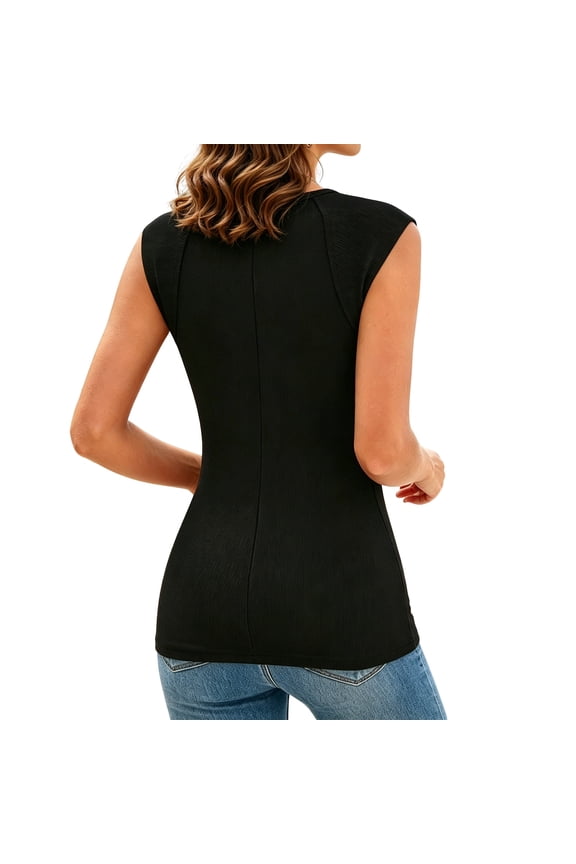 Women’s Ribbed Knit Cap Sleeve Top, Crew Neck Fitted Sleeveless Casual Summer Tee, Soft Polyester Solid Color Blouse Black XXL