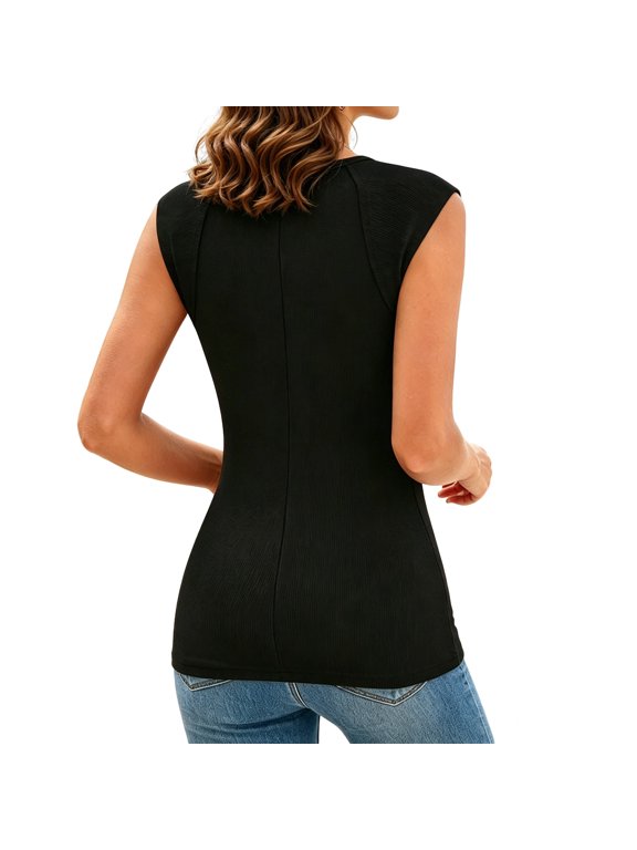 Women’s Ribbed Knit Cap Sleeve Top, Crew Neck Fitted Sleeveless Casual Summer Tee, Soft Polyester Solid Color Blouse Black XXL