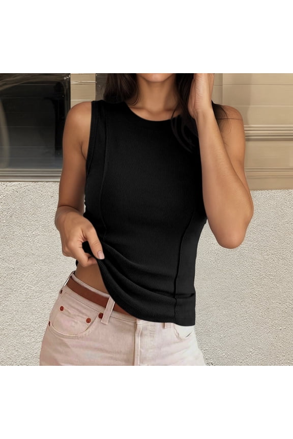 Women’s Ribbed Knit Tank Top, Sleeveless Crew Neck Solid Color Casual Camisole Vest for Summer Black L