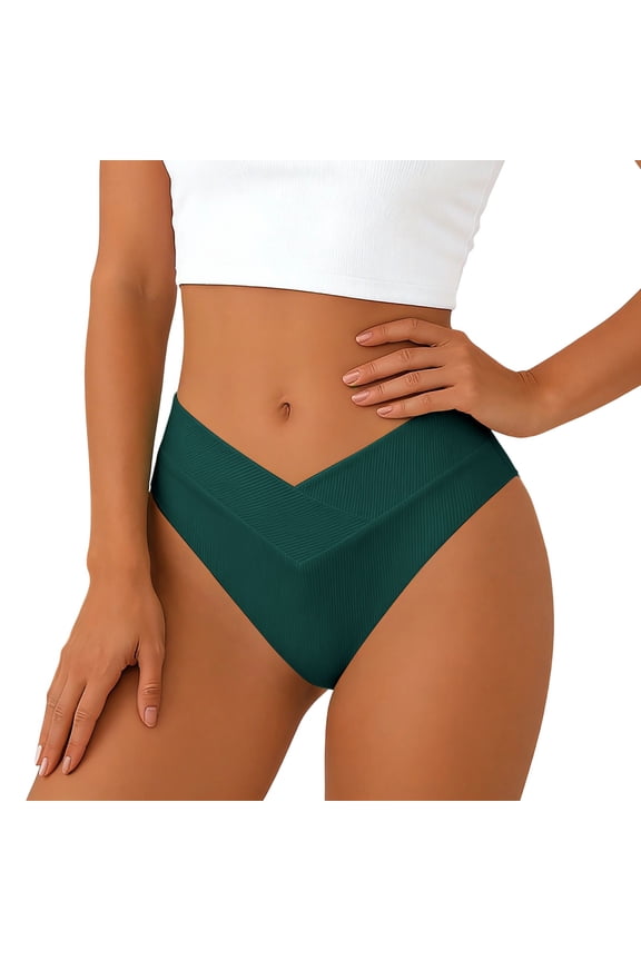 Women’s Ribbed V-Front Bikini Bottoms, High Cut Triangle Swim Briefs, Stretchy Quick-Dry Swimwear for Beach & Pool Dark Green XL
