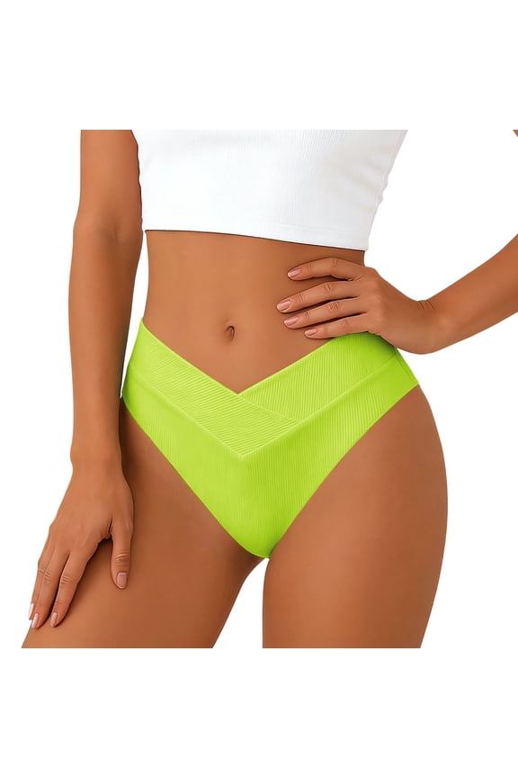 Women’s Ribbed V-Front Bikini Bottoms, High Cut Triangle Swim Briefs, Stretchy Quick-Dry Swimwear for Beach & Pool Light Yellow S