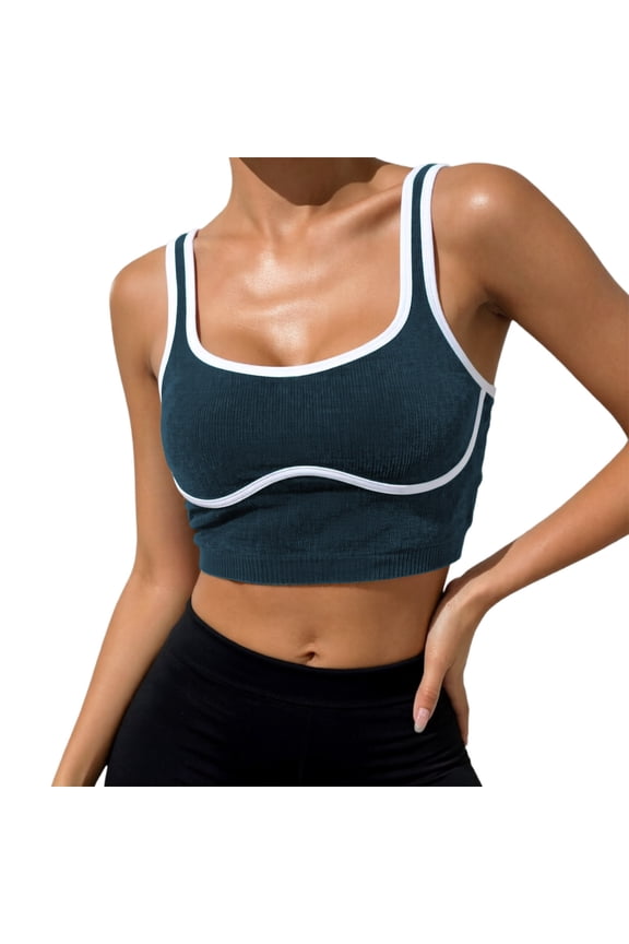 Women’s Ribbed Workout Tank Top, Breathable Wireless Athletic Cami, Supportive Yoga & Running Activewear Dark Blue XS
