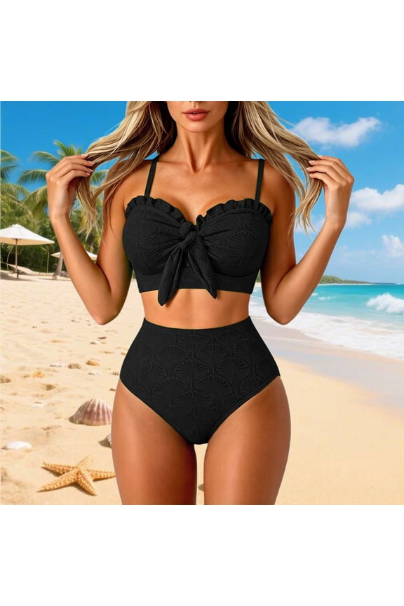 Women's Ruffle Bow Two-Piece Swimsuit, High Waist Tummy Control Bikini, Padded Bathing Suit for Beach & Pool Black S