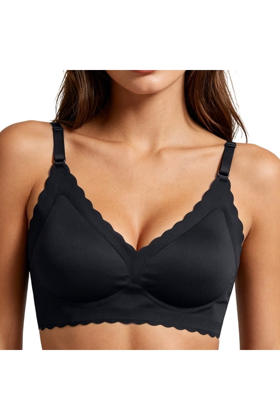 Women’s Scallop Trim Seamless Wireless Bra, High Support Soft Padded Everyday Comfort Bra Black S