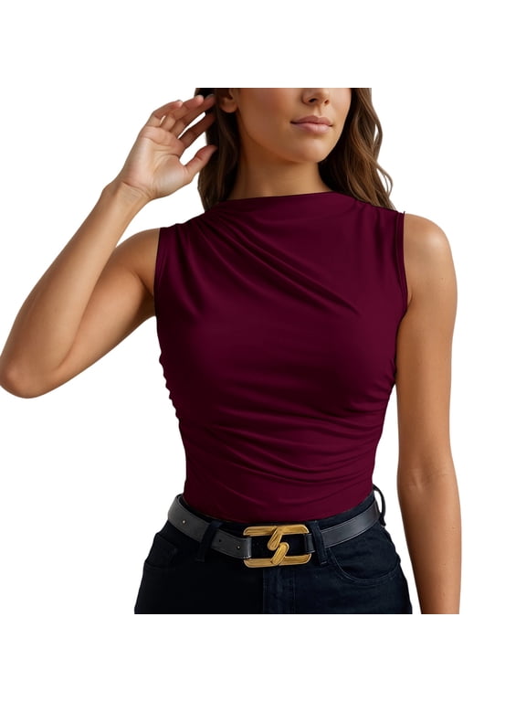Women’s Sleeveless Mock Neck Top, Ruched Slim Fit Solid Tank Blouse, Soft Stretchy Casual Basic Shirt For Summer Daily Wear Wine S