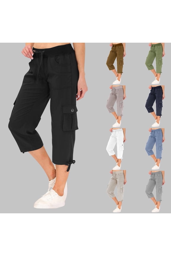 Women’s Solid Color Cargo Capri Pants, Elastic Drawstring High Waist Multi Pocket Loose Fit Cropped Slacks, Lightweight Breathable Summer Casual Workwear Pants for Daily Outings Khaki M