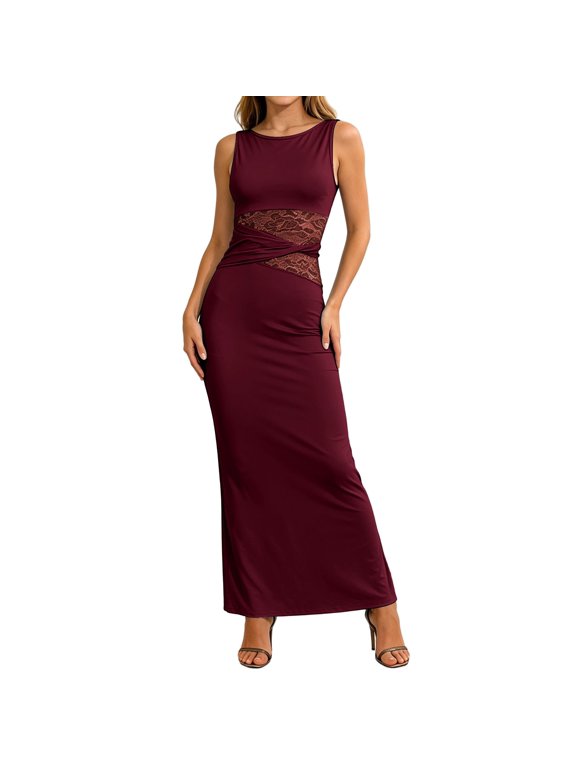 Women’s Solid Sleeveless Lace Cutout Waist Maxi Dress, Soft Stretch Knit Slim Fit Long Dress, Elegant Minimalist Dress for Daily Work Casual Evening Occasions Wine XS