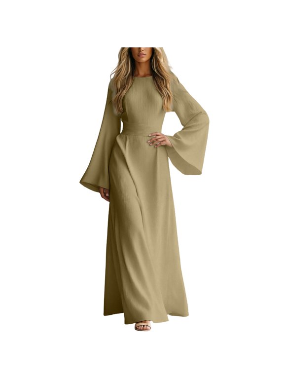 Women’s Solid Textured Bell Sleeve Maxi Dress, Crew Neck Defined Waist Fit & Flare Long Gown, Breathable Plus Size Friendly Dress for Daily Casual Semi-Formal Autumn Occasions Khaki XXL