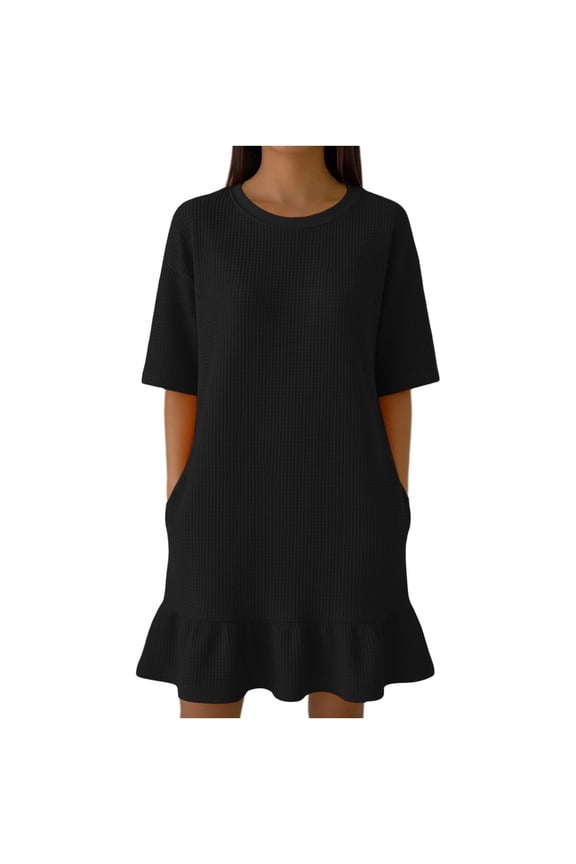 Women’s Solid Waffle Knit Casual Mini Dress, Round Neck Short Sleeve Loose T-Shirt Dress with Ruffle Hem, Breathable Everyday Summer Dress for Errands Relaxed Outings Black S