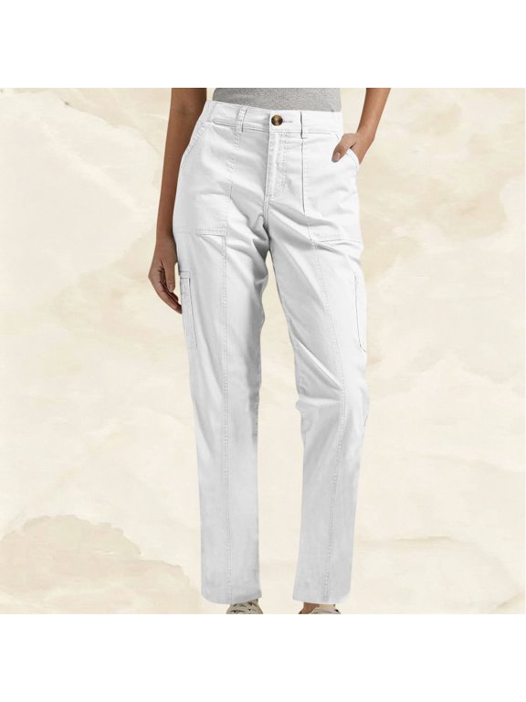 Women's Straight Leg Casual Pants, Multi-Pocket Solid Color Trousers, Comfortable Linen Pants Women White XXL