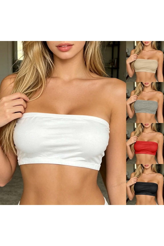Women’s Strapless Bandeau Tube Top, Removable Padded Seamless Bustier, No-Slip Underwear for Plus Size & All-Day Wear White M