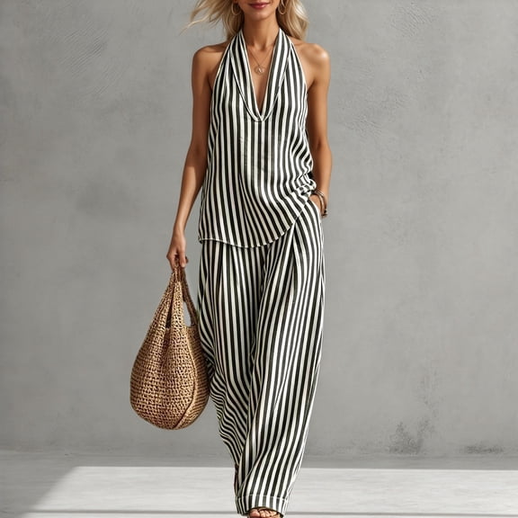 Rove Studio Women's Striped Halter 2-Piece Outfit, Sleeveless Top & Wide Leg Pants Set, Casual Summer Loungewear Black XXL