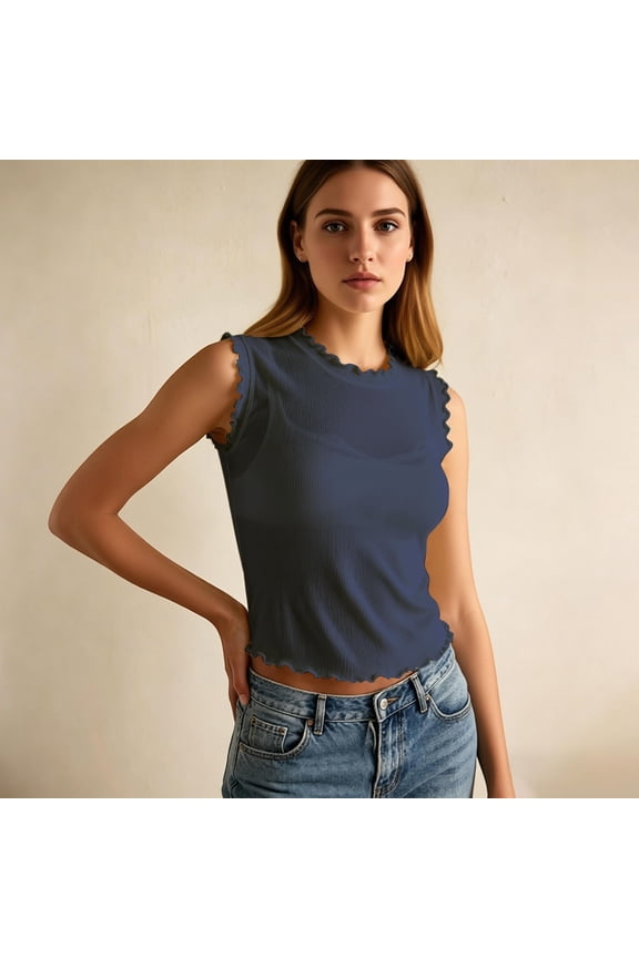 Women's Tanks & Camis Ruffle Trim Knit Mesh Camisole Round Neck See-Through Sleeveless Casual Layering Top Blue L