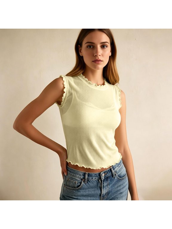 Women's Tanks & Camis Ruffle Knit Mesh Camisole Round Neck See-Through Sleeveless Casual Layering Top Yellow L