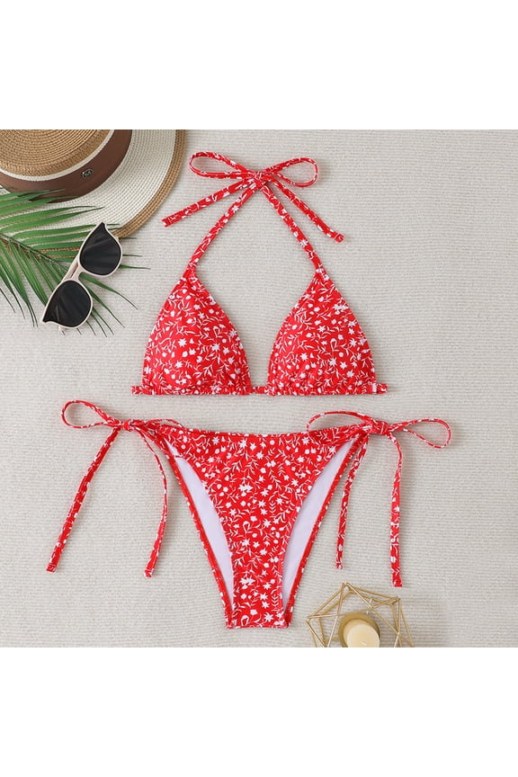 Women's Tropical Fruit Print Triangle Bikini Set, Adjustable Tie-Side Swimwear, 2-Piece Colorful Women's Swimwear Red S