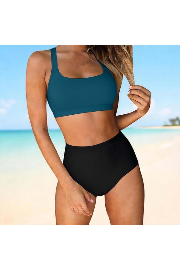 Women's Two Piece High Waisted Bikini Set, Tankini Swimsuit for Women, Solid Color Bathing Suits with Tummy Control Bottoms Blue XXL