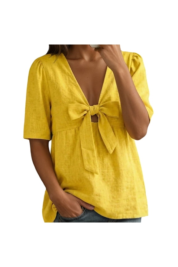 Women’s V-Neck Bow Tie Peplum Blouse, Loose Fit Short Sleeve Linen-Look Casual Top for Summer Yellow S