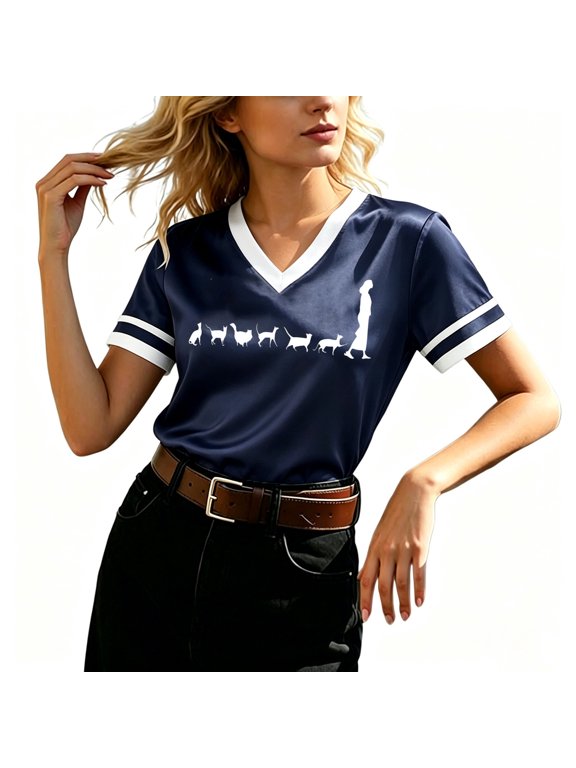 Women’s V-Neck Graphic Tee, Stylish Cat Print Short Sleeve T-Shirt, Lightweight Polyester Casual Knit Top for Everyday Wear Navy L