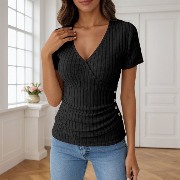 Rove Studio Women's V-Neck Ribbed Short Sleeve T-Shirt, Wrap Ruched Slim Fit Basic Tee, Casual Everyday Tops for Women Black M