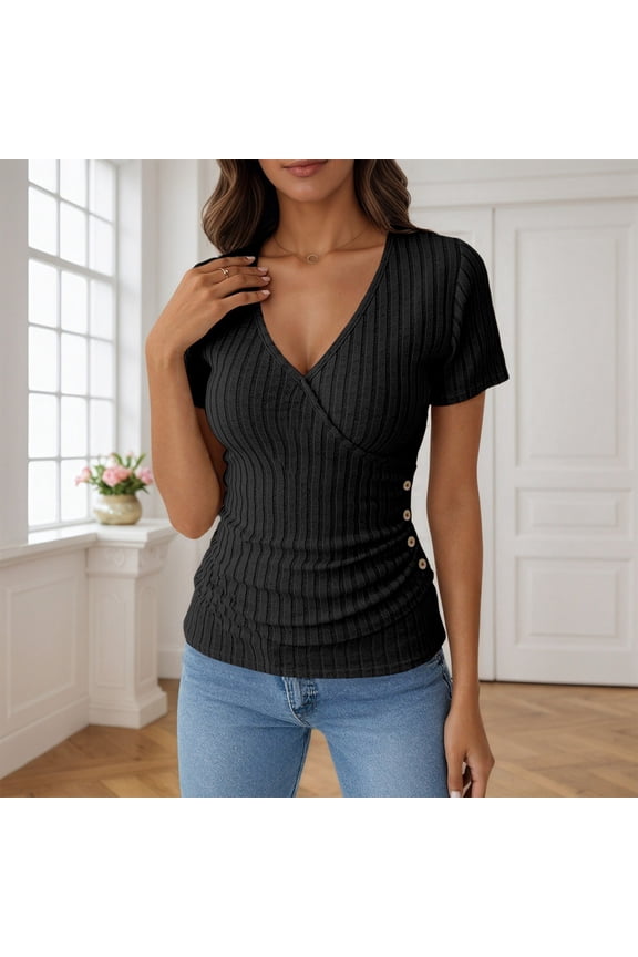 Women's V-Neck Ribbed Short Sleeve T-Shirt, Wrap Ruched Slim Fit Basic Tee, Casual Everyday Tops for Women Black M