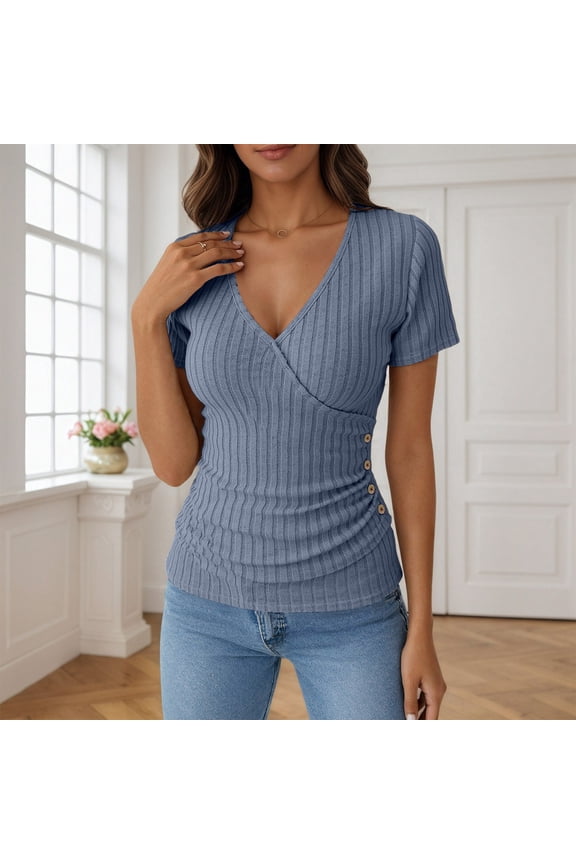 Women's V-Neck Ribbed Short Sleeve T-Shirt, Wrap Ruched Slim Fit Basic Tee, Casual Everyday Tops for Women Light Blue M