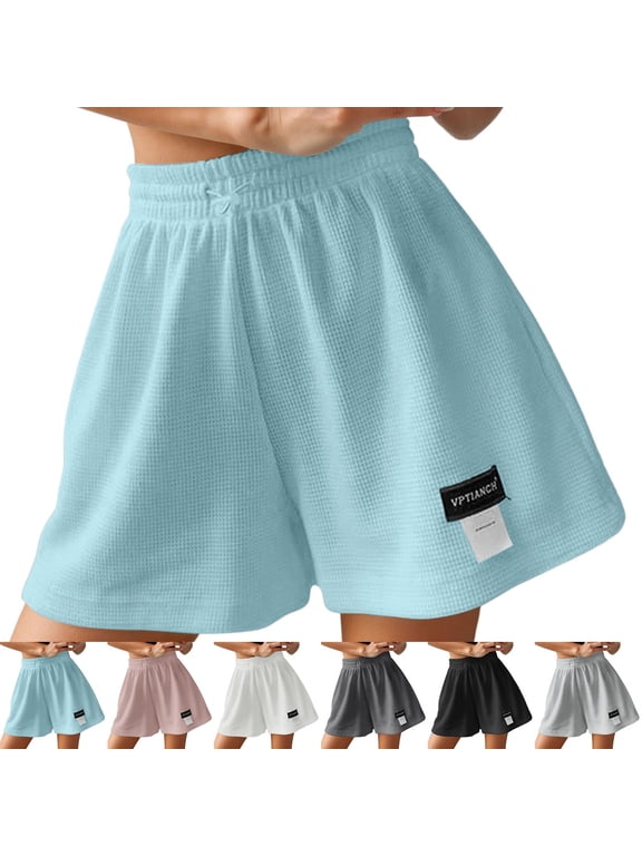 Women’s Waffle Knit Casual Shorts, Elastic Drawstring Waist Summer Shorts, Soft Loose Fit Loungewear Shorts for Daily & Vacation Wear Pink XXL