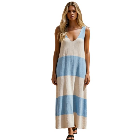 Rove Studio Women’s Wide Color Block Striped Sleeveless Maxi Dress, V-Neck Loose Flowy Casual Long Dress, Breathable Plus Size Summer Travel Dress for Daily Vacation Beach Outings Blue S