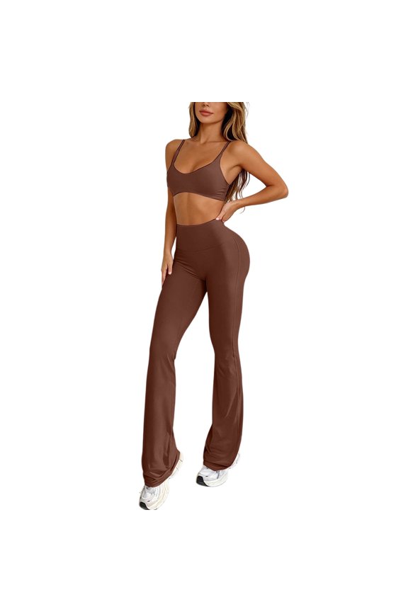 Women’s Workout Yoga Tank Top Long Pants Racerback Sports Bra Two Piece Activewear Brown XS