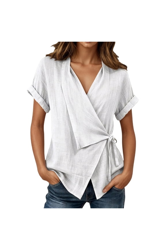 Women’s Wrap V-Neck Linen Blend Top, Casual Lace-Up Irregular Hem Short Sleeve Blouse for Summer Commute White XXL