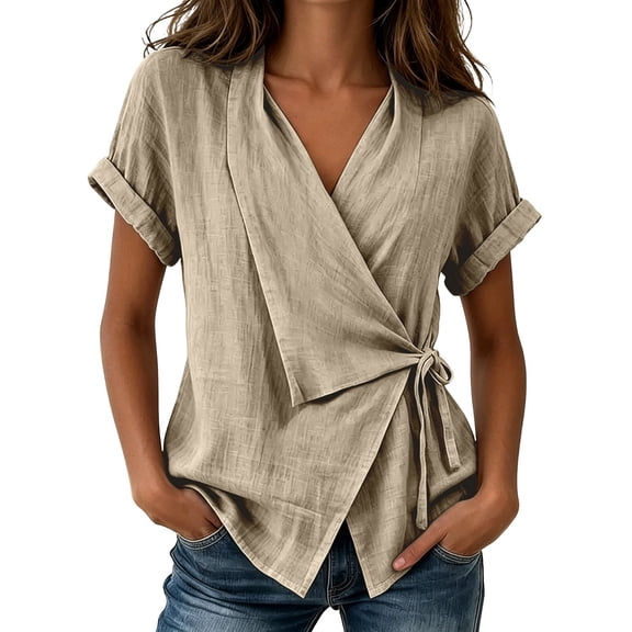 Rove Studio Women’s Wrap V-Neck Linen-Look Blouse, Casual Side Tie Irregular Hem Short Sleeve Top for Summer Commute Beige S