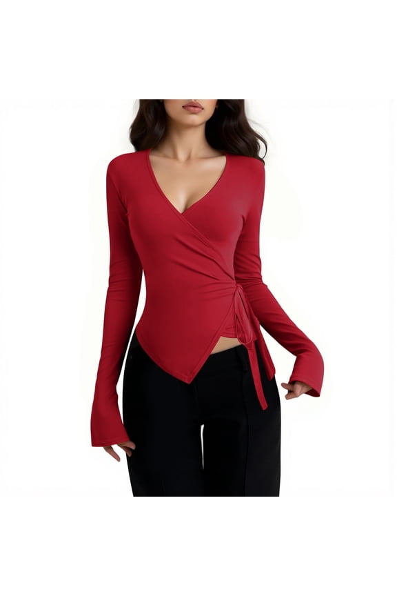 Women’s Wrap V-Neck Long Sleeve Top, Side Tie Drawstring Asymmetrical Hem Fitted Blouse, Soft Polyester Casual Shirt Red S