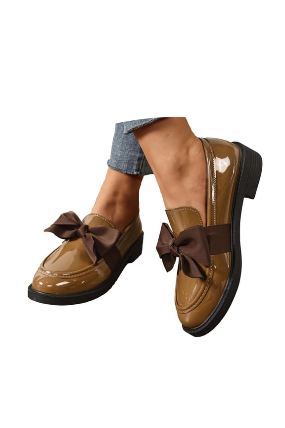 Women's Y2K Bow Platform Loafers, Chunky Heel Patent Leather Slip On Shoes, Trendy Casual Footwear for Daily & Party Wear Khaki 42