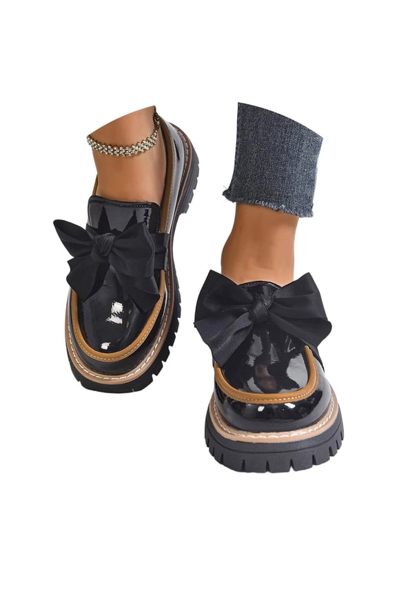 Womens Wide Fit Bow Platform Loafers, Slip On Chunky Heel Comfort Shoes, Casual Footwear for Wide Feet & Daily Wear Black 37