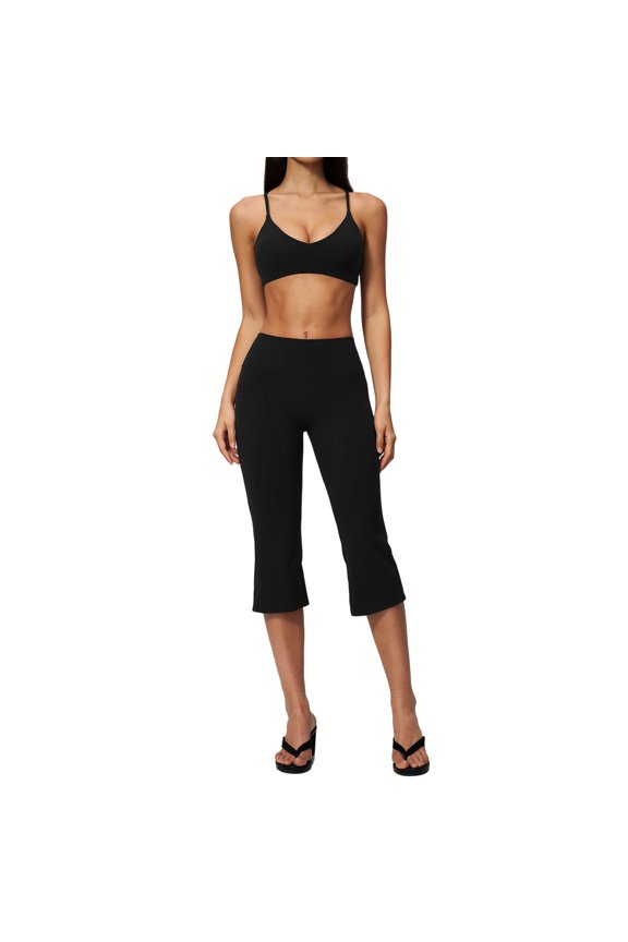 Workout Two Piece Spaghetti Straps Crop Top Matching Wide Leg Capri Pants Gym Work Outfits Black XL