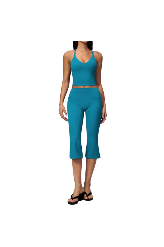Workout Two Piece Spaghetti Straps Crop Top Matching Wide Leg Capri Pants Gym Work Outfits Blue L