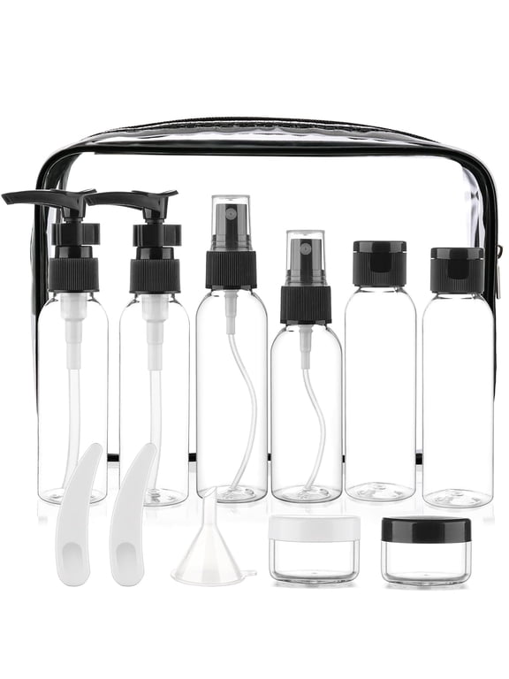 13-Piece 2 oz TSA Approved Travel Bottles for Toiletries Kit | Refillable set Includes Pump, Spray and Flip-cap Bottles, Cream Jars, Spatulas, Funnel and Clear Bag for Shampoo and Lotion