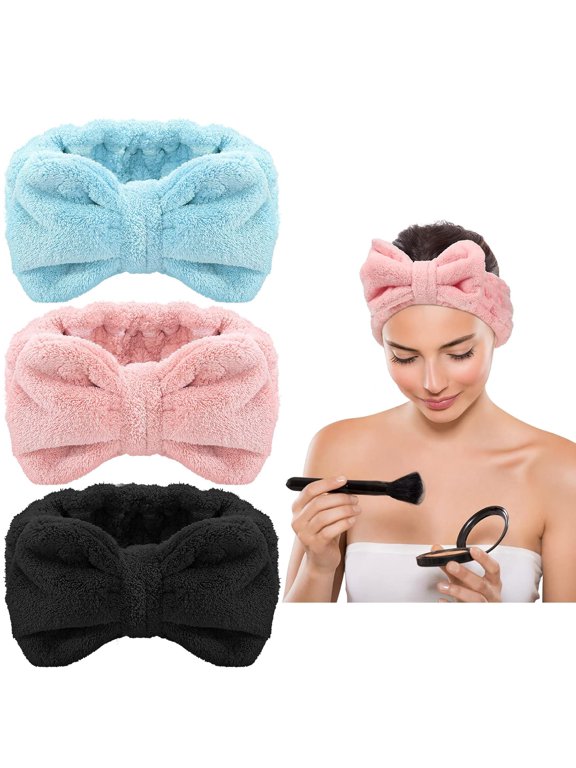 3 Pcs Spa Headband for Washing Face, Pink, Blue, Black | Bow Makeup Skincare Headband, Soft Sponge, Fuzzy Terry Cloth Face Wash Headbands for Women, Facial Skincare, Face Masks