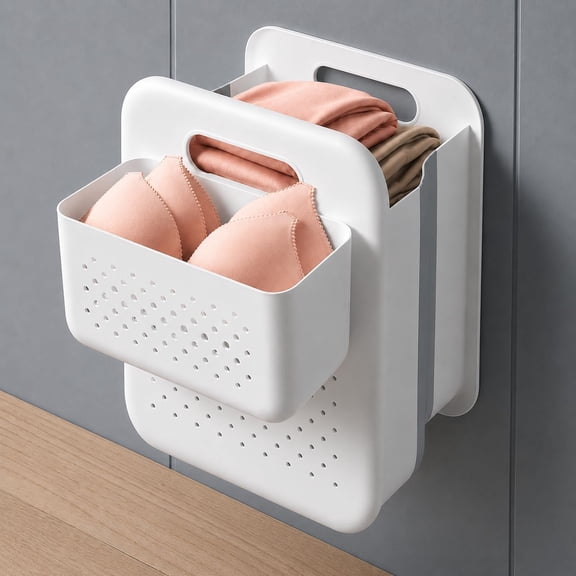 RoveNova Collapsible Laundry Basket, Wall Mounted Hamper with Mini Basket | Space-Saving Design with Detachable Mini Basket for Underwear, Socks and Small Items. Folds Flat for Storage