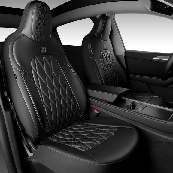 RoveNova Nappa Leather High Back Front Seat Covers, Tesla Model 3 Model Y Breathable Faux Leather Front Bucket Seat Covers, Anti-Slip Airbag Compatible Universal Fit for Sedan SUV Van Truck, Black